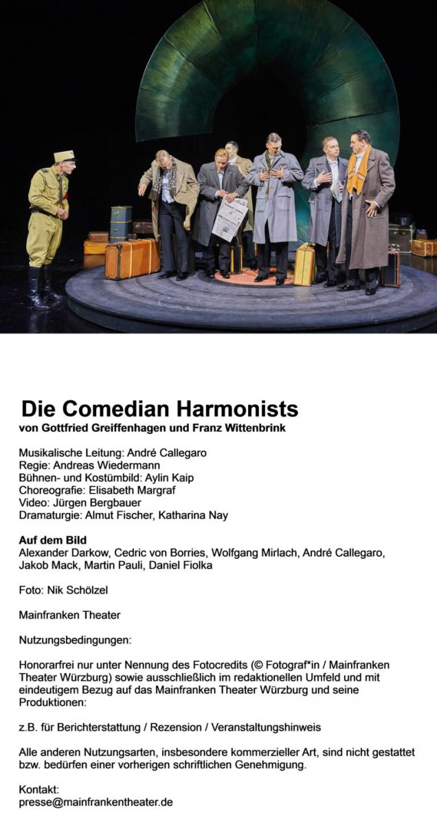 Alexander Darkow, Cedric von Borries (Ari Leschnikoff), Wolfgang Mirlach (Harry Frommermann), André Callegaro (Erwin Bootz), Jakob Mack (Robert Biberti), Martin Pauli (Erich Abraham-Collin), Daniel Fiolka (Roman Cykowski) © Nik Schölzel / Mainfranken Theater Würzburg